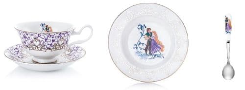 English Ladies Disney Rapunzel Wedding Plate, Spoon, Cup & Saucer