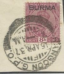 1937 8as 'INDIA (OVPT BURMA) RANGOON POSTMARKED FINE USED*