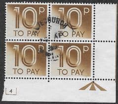 1982 BLOCK OF 4 X 10P 'LIGHT BROWN'  TO PAYS (PLATE 4 MARGINS) FINE USED