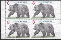1997 BLOCK OF 4 X $8.00 'GRIZZLY BEAR' FINE USED*