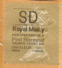 2012 'SD' (Y 6)POST BRENHINOL GOLD PERF (TYPE I)WITH  VAT CODES (LATE USE)