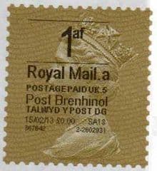 2013 '1af'( A 5)(£0.00) 'POST BRENHINOL' GOLD PERF TYPE 1 WITH CODES (RARE LATE USE)