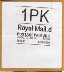 2013 1PK (D 5) ROYAL MAIL WHITE LABEL (RARE LATE USE OF CODE 5)
