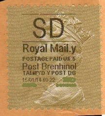 2014 'SD'( Y 5) 'POST BRENHINOL' GOLD PERF TYPE 1 WITH CODES  VERY LATE USE OF A RARE CODE 5 GOLD PERFED LABELS