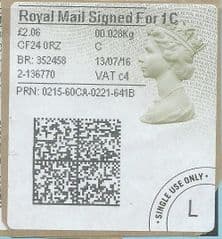2016 ROYAL MAIL SIGNED FOR 1C ( c 4) TYPE 4b HORIZON LABEL ( 2D BARCODED)  (GREY/ GREEN VARIATION)  FINE USED