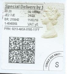 2016 'SPECIAL DELIVERY BY 1 (Y 5) 'TYPE 4a (2D BARCODED)( RARE CODE Y5)