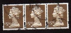 A STRIP OF 3 X £5.00 'BROWN'FINE USED.